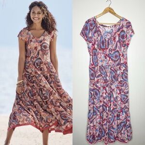 Soft Surroundings | Kara Boho Paisley Blue/Pink Tiered Maxi Dress